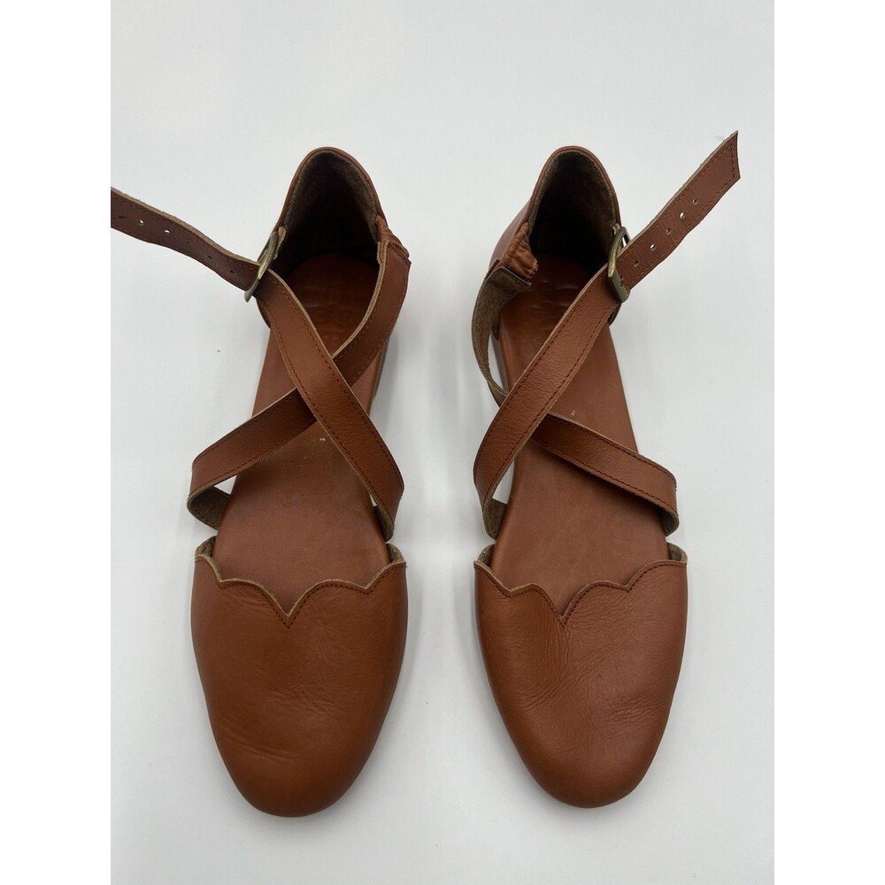 ELF Bali Leather Scalloped Ankle Strap Flats Cognac Tan Womens 9 Artisan Boho
